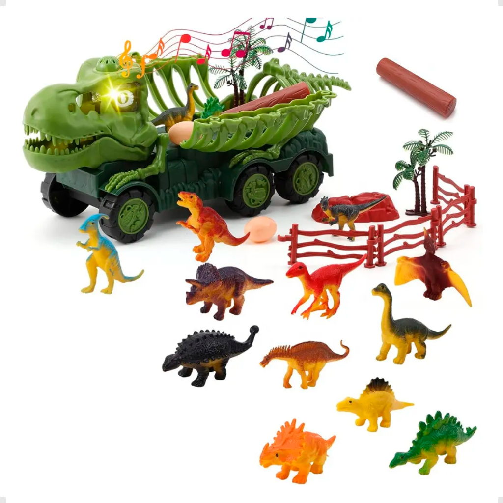 Caminhão Dinossauro Elétrico Transporte Super DinoCar Brinquedo com Som e Luz LED Carrinho Com Acessórios