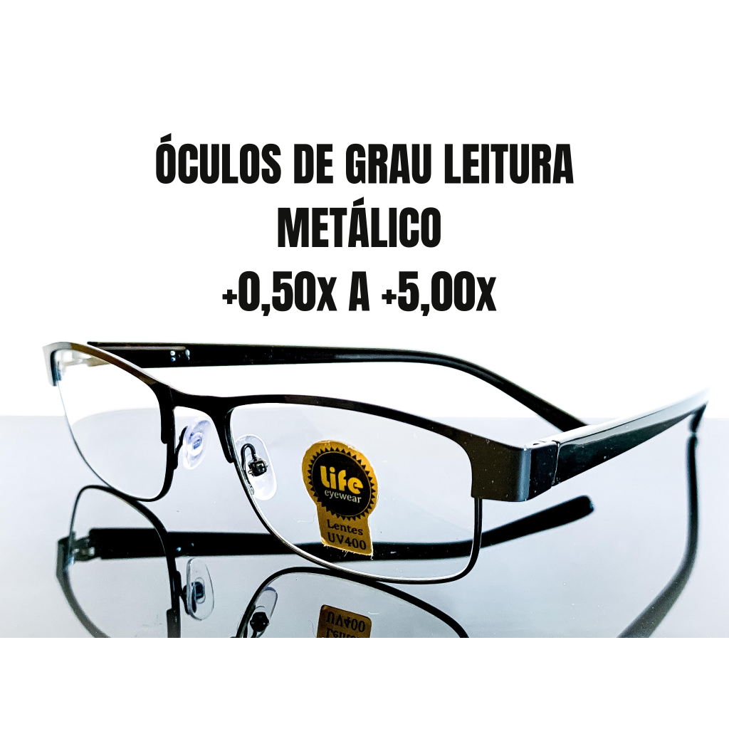 Óculos de Leitura Metálico Retangular Preto com Lente de Grau +0.50 até +5.00 Óculos Pronto para Vista Cansada Leitura