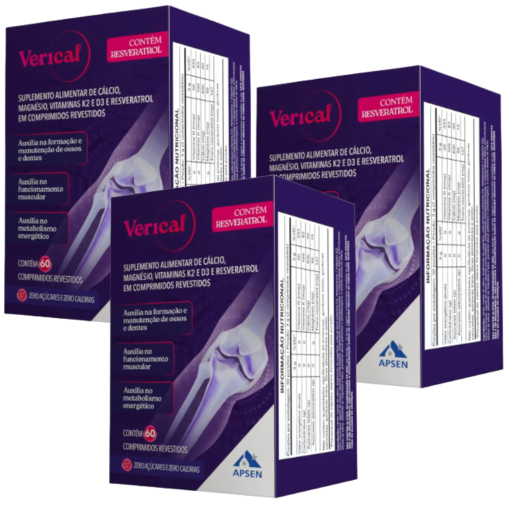 VERICAL KIT C/3 CXS  C/60 COMPRIMIDOS - RESVERATROL + CÁLCIO + MAGNÉSIO + VITAMINA D + VITAMINA K2 Tipo 7
