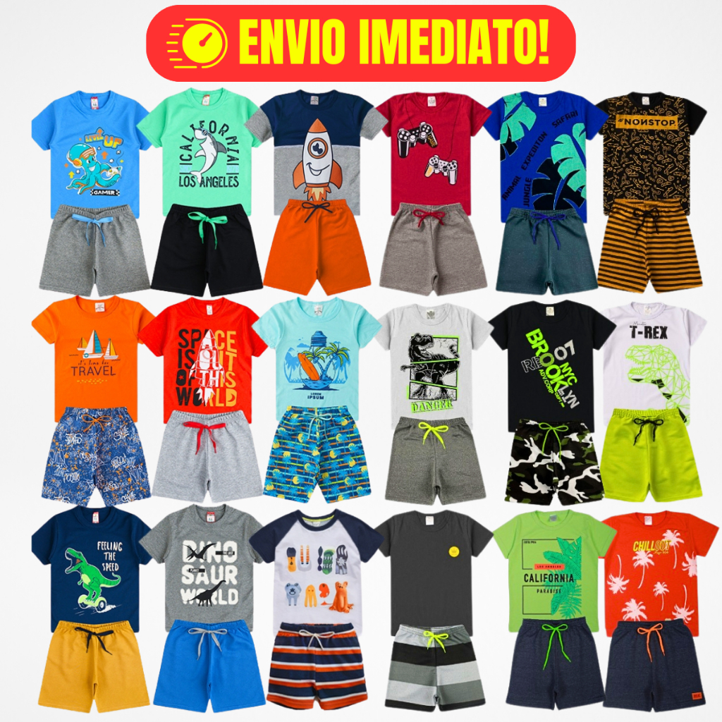 Kit Sortido 10 Peças de Roupas Infantil Menino 5 Camisetas 5 Bermudas Conjunto Infantil Menino Bebê