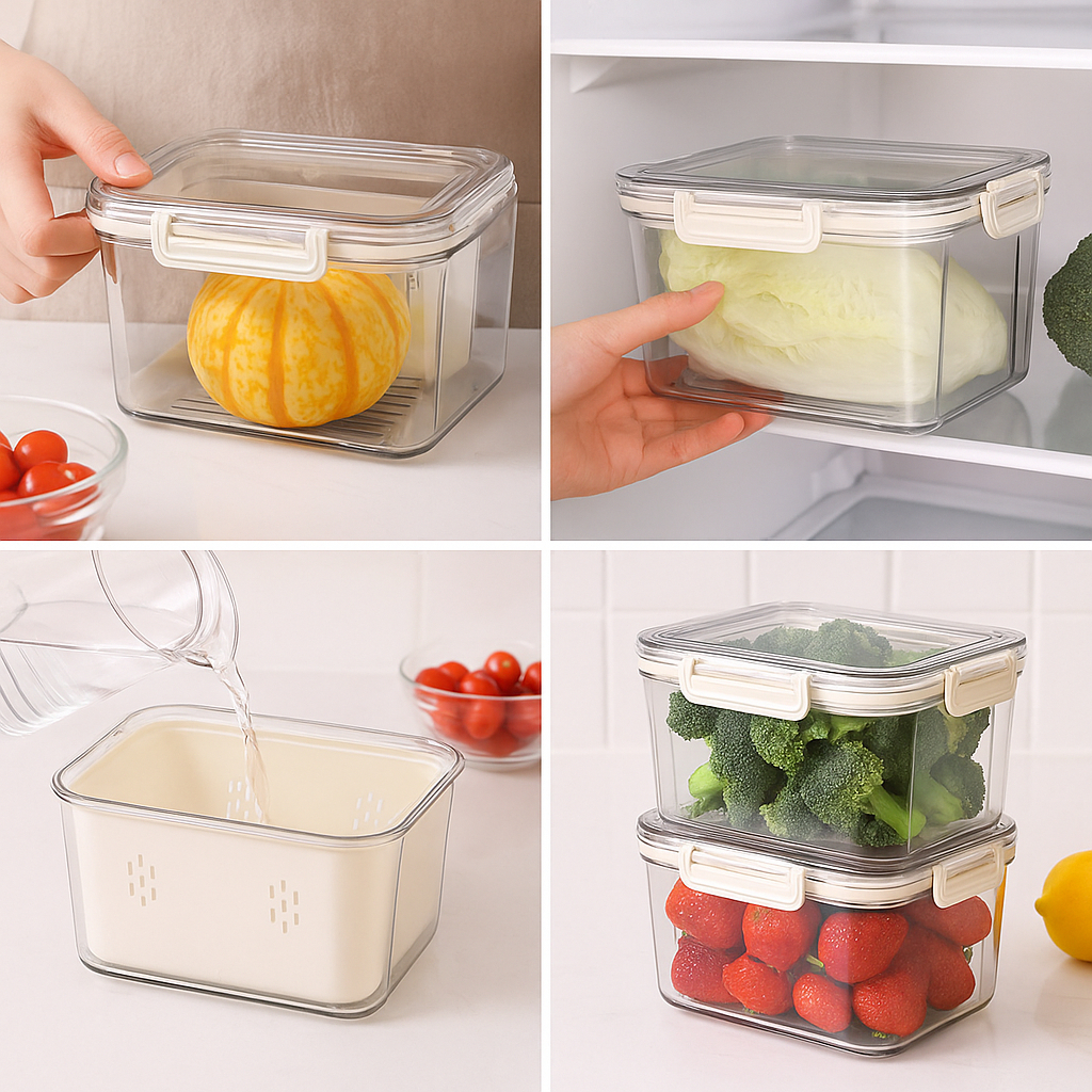 Cesto Organizador de Geladeira com Tampa Hermética para Conservar Frutas Verduras e Legumes