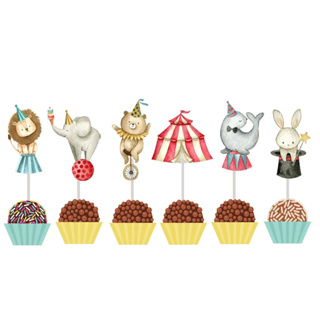 50 Toppers tags para docinhos + 50 palitinhos tema Circo Vintage em Oferta na Shopee