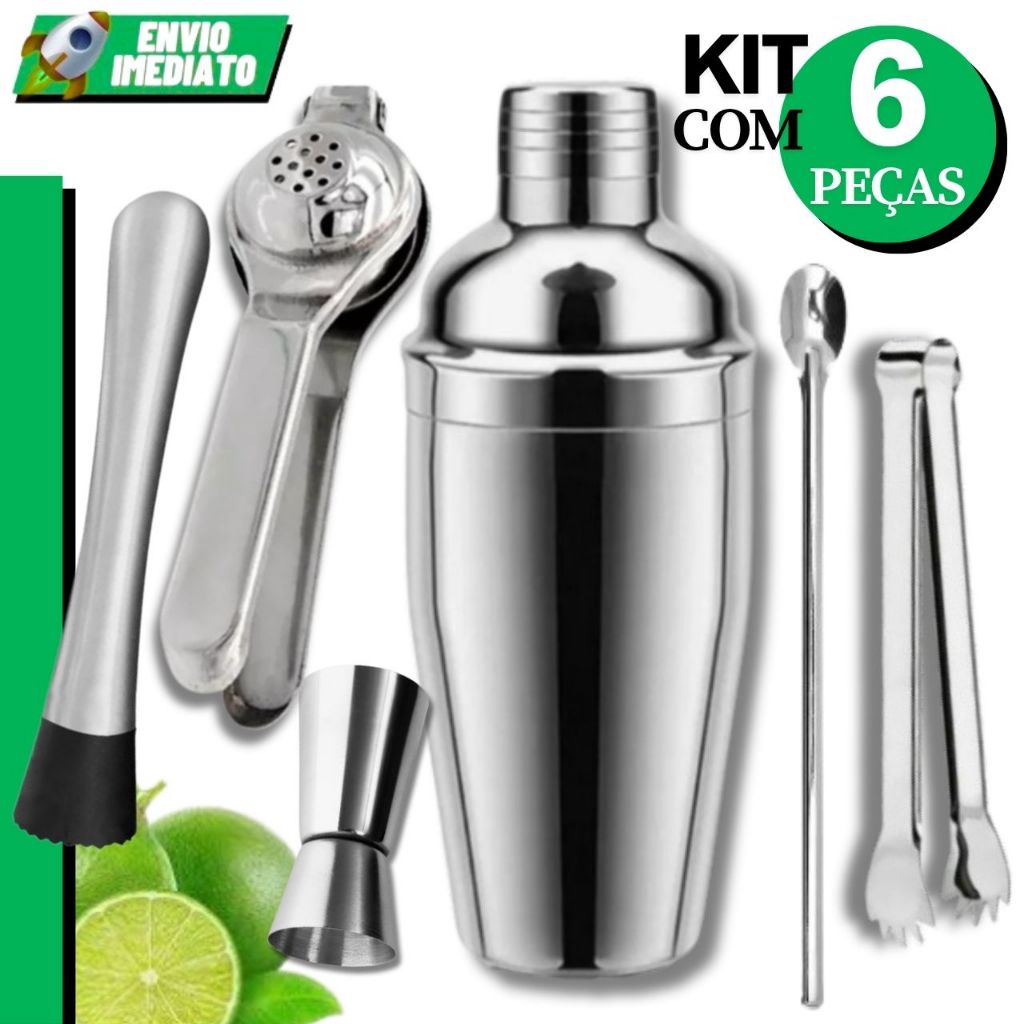 Kit Caipirinha Coqueteleira Inox 6 Peças - Espremedor Coqueteleira 500ml Socador Macerador Dosador