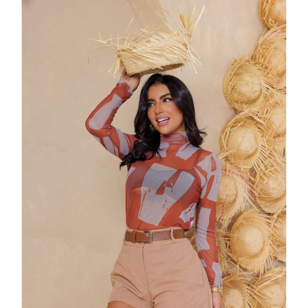 Body Tule Feminino Estampado Transparente Manga Longa Gola Alta Estampa Geométrica Moda Elegante