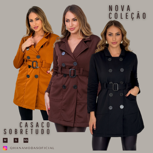 CASACO SOBRETUDO FEMENINO, FLANELADO NO MOLETOM POLIESTER, QUENTINHO COM CAIMENTO PERFEITO