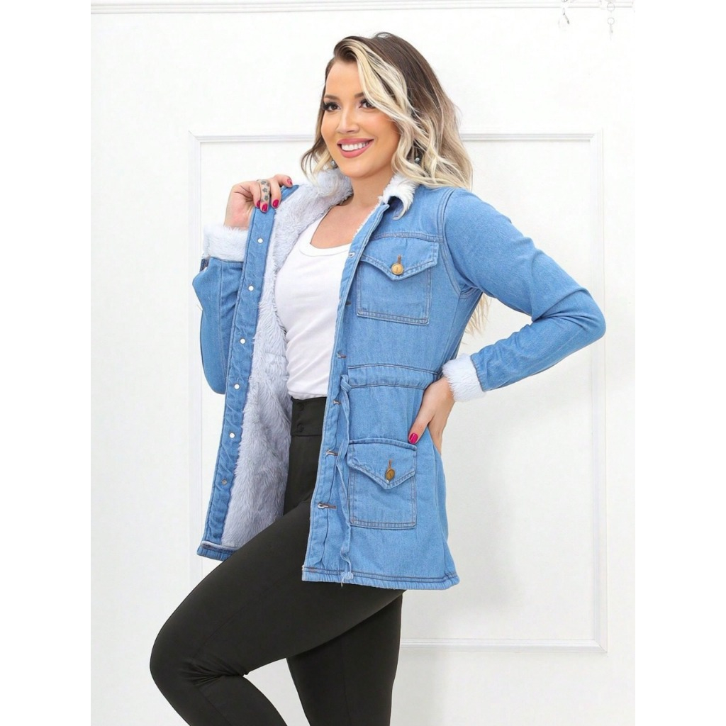 Jaqueta Parka Jeans Feminina Alongada Com Forro de Pelúcia