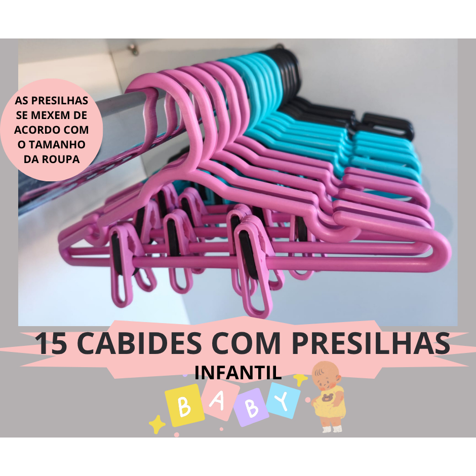 15 CABIDES COM PRESILHAS INFANTIL (conhecido como cabide saia)