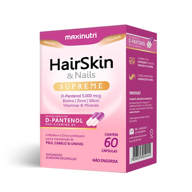 HairSkin Supreme D-Pantenol + Biotina 60 Cápsulas Maxinutri Saúde Cabelo Pele e Unha