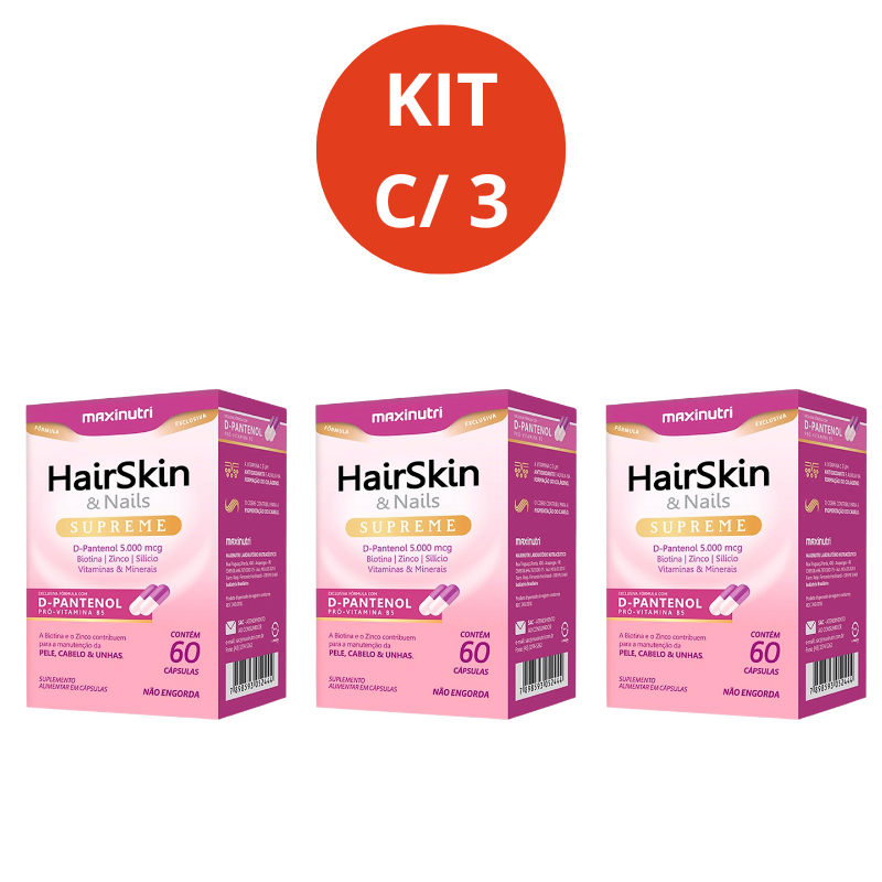 KIT C/3 HairSkin Supreme D-Pantenol + Biotina 60 Cápsulas Maxinutri Saúde Cabelo Pele e Unha