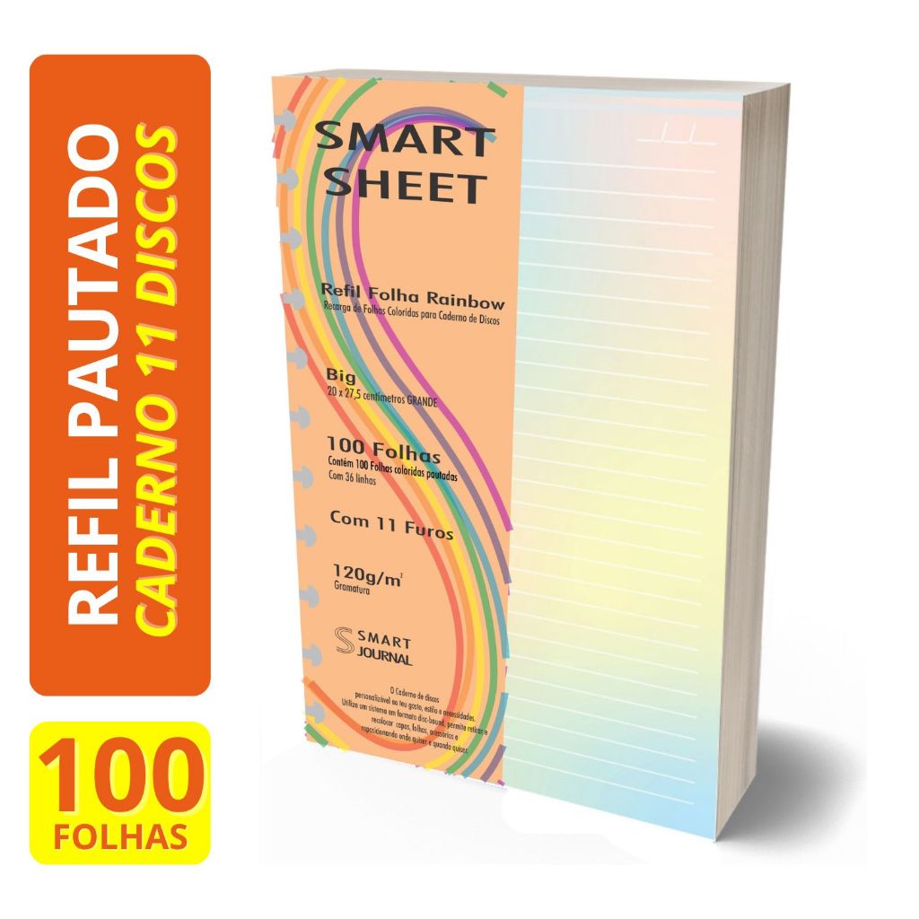 Refil Caderno de Discos 120g Rainbow 100 Folhas Grande 11 Furos