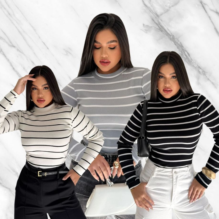 Blusa Feminina Cacharrel Manga Longa Gola Alta Listrada Inverno Moda Basica Casual Trabalh...
