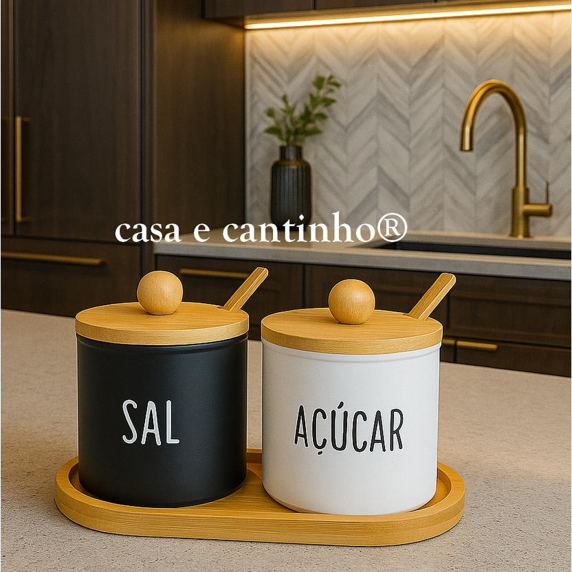 Kit Saleiro e Açucareiro de Vidro com Tampa e Colheres de Bambu Para Cozinha