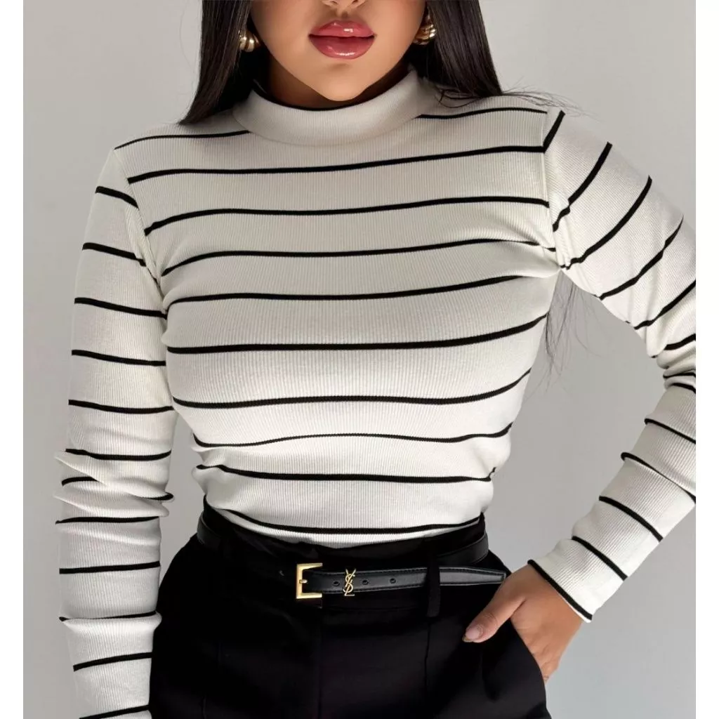 Blusa Feminina Cacharrel Manga Longa Gola Alta Listrada Inverno Moda Basica Casual Trabalho — imagem 1