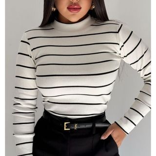 Blusa Feminina Cacharrel Manga Longa Gola Alta Listrada Inverno Moda Basica Casual Trabalho