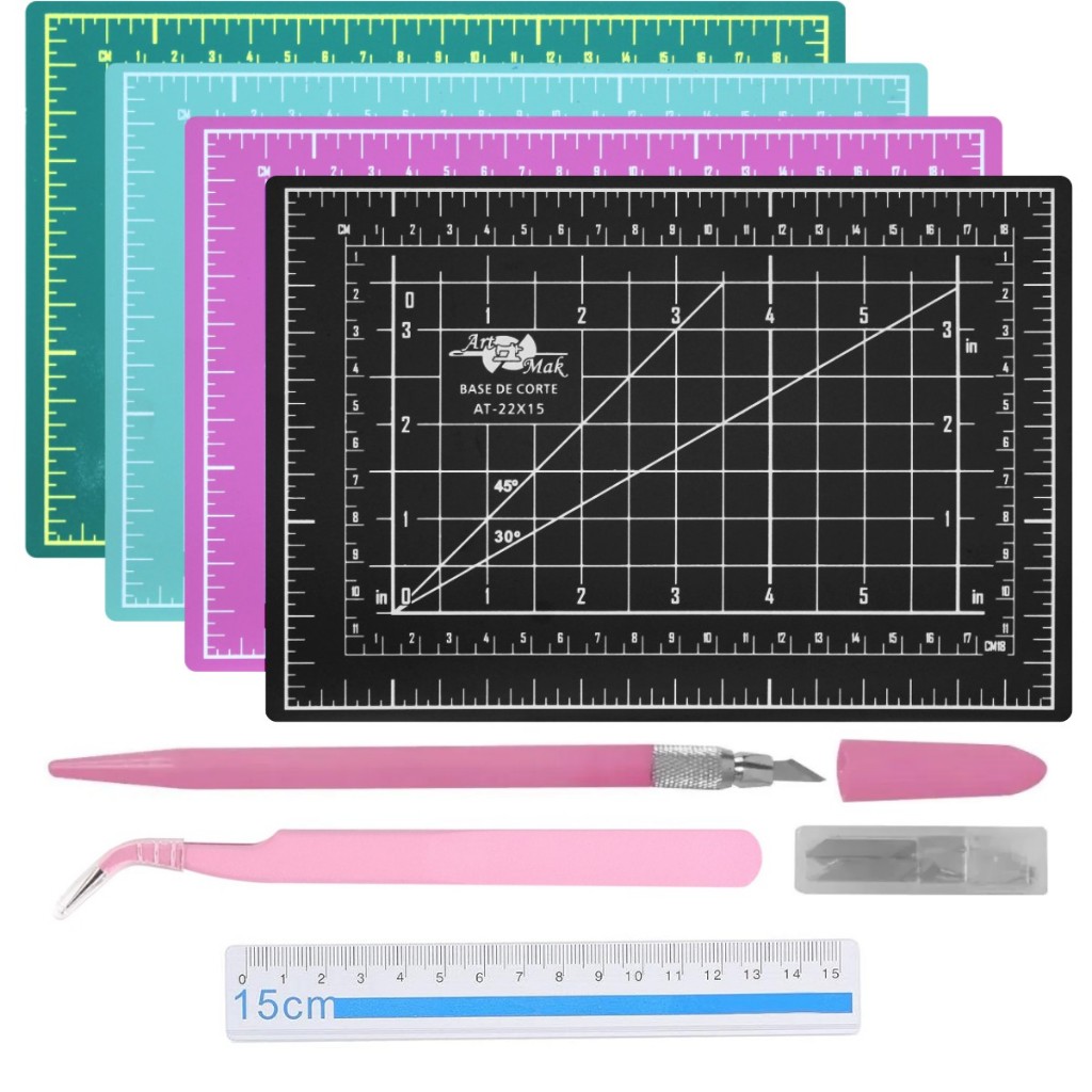 Kit Mini Base De Corte A5 Estilete Pinça Régua Patchwork Scrapbook em Oferta na Shopee