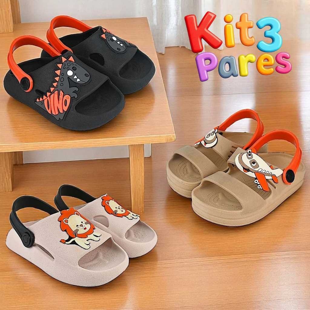 Kit 3 Pares Papete Sandália Infantil Menino e Chinelo Nuvem