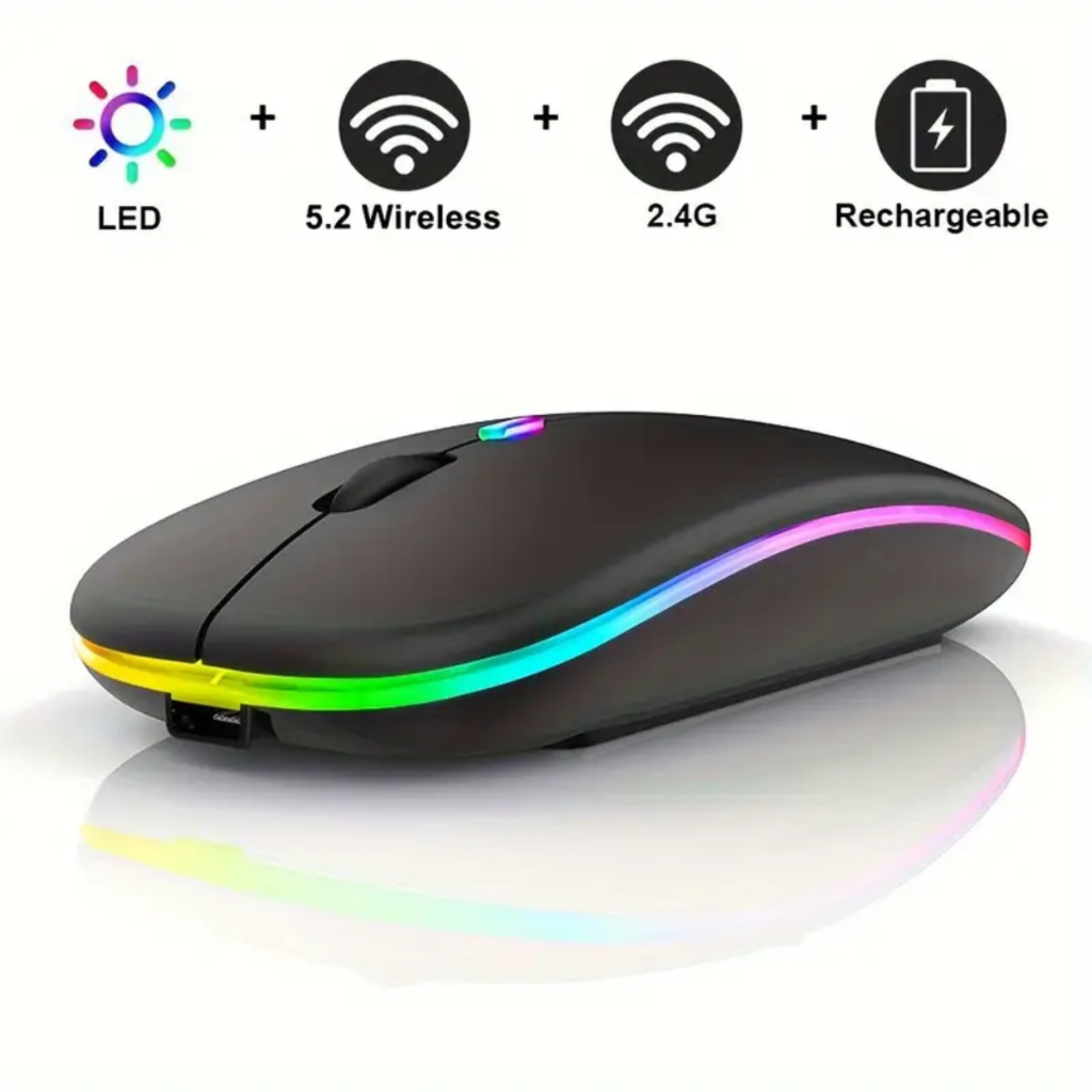 Mouse sem Fio Wireless Led Rgb Slim com Receptor USB 2.4Ghz Bluetooth Recarregável