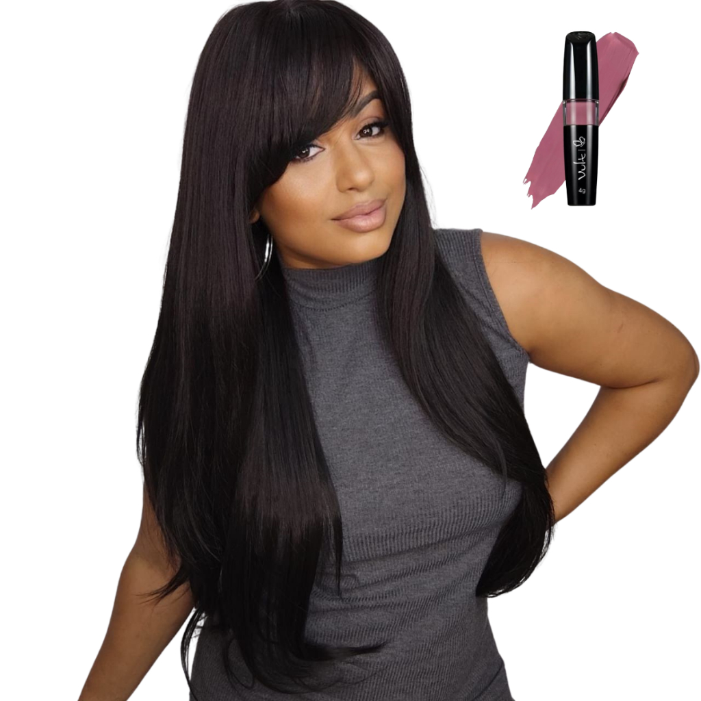 Lace Peruca Lisa Com Franja Fibra Futura Idêntico Ao Cabelo Humano Preto Natural 70cm