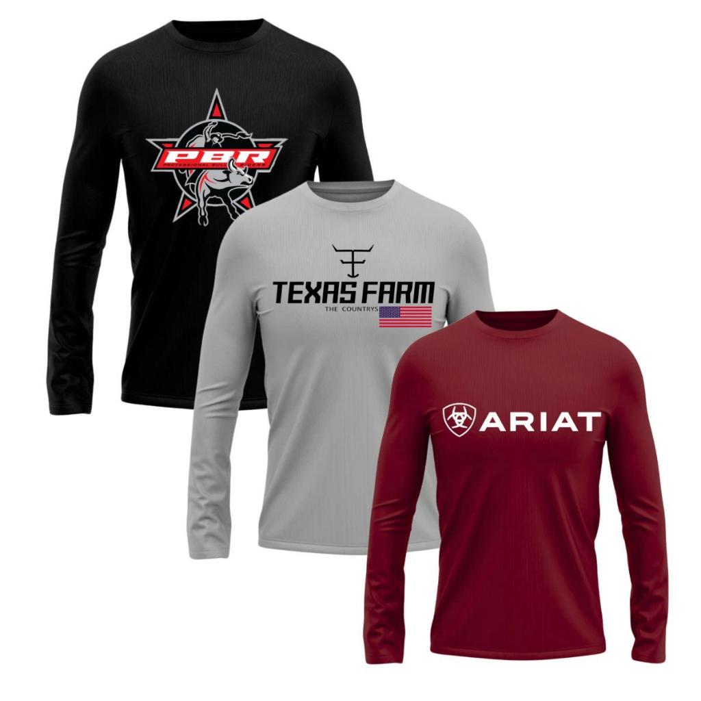Kit 3 Camisa Camiseta Manga Longa Uv Country Para Pesca Praia Academia