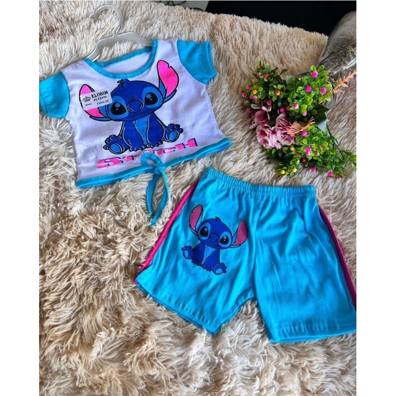 Kit Conjunto Camiseta e Short Stitch Bebê Menina Temático Mesversario