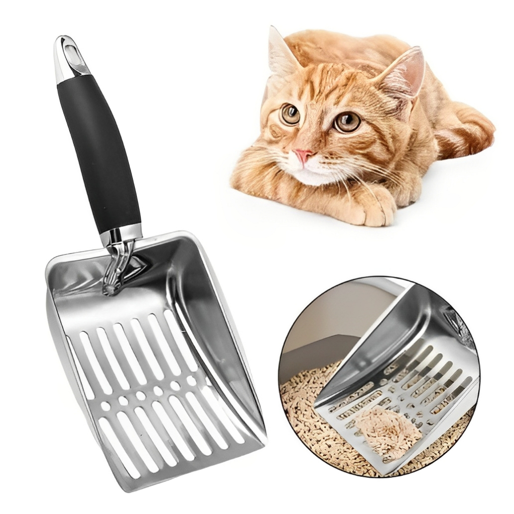 Pá Higiênica De Areia Para Gatos Peneira Coletora e Limpeza De Resíduos Em Aço Inox Cabo Ergonômico