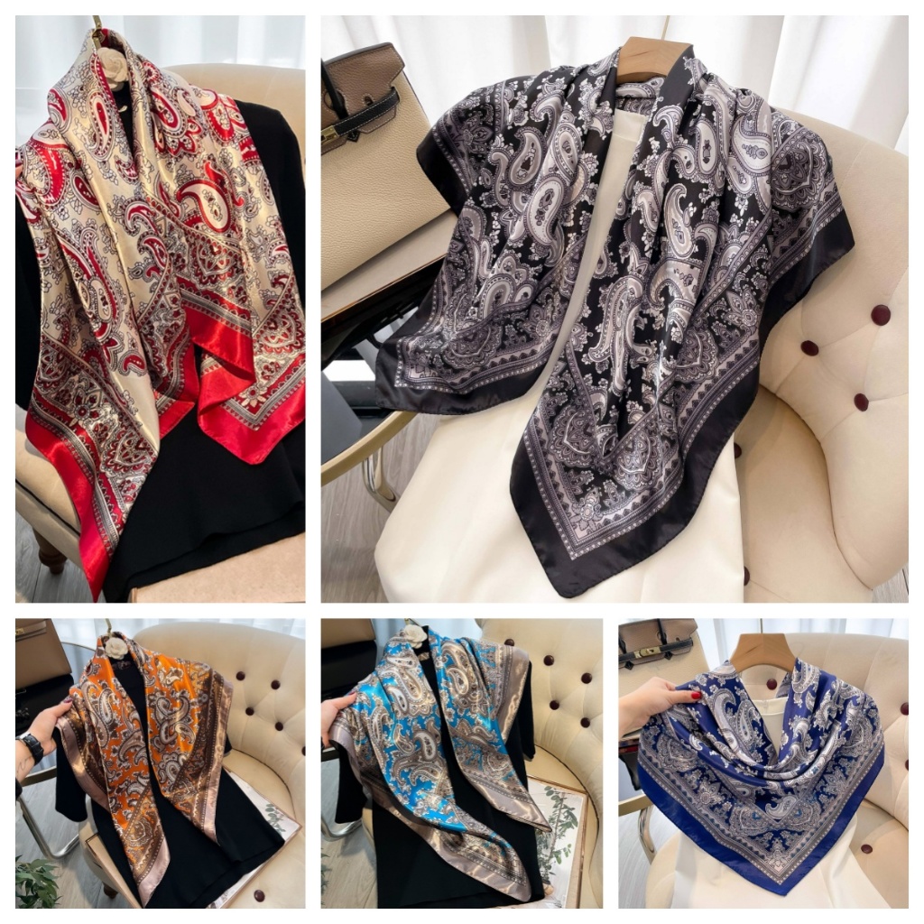 Lenço Feminina Pescoço Echarpe Cetim Estampas 90cmx90cm em Oferta na Shopee