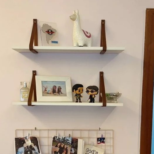 Kit 2 Prateleiras MDF Branco c Tiras de Couro P Quarto Sala Cozinha Banheiro Decoração de Interiores