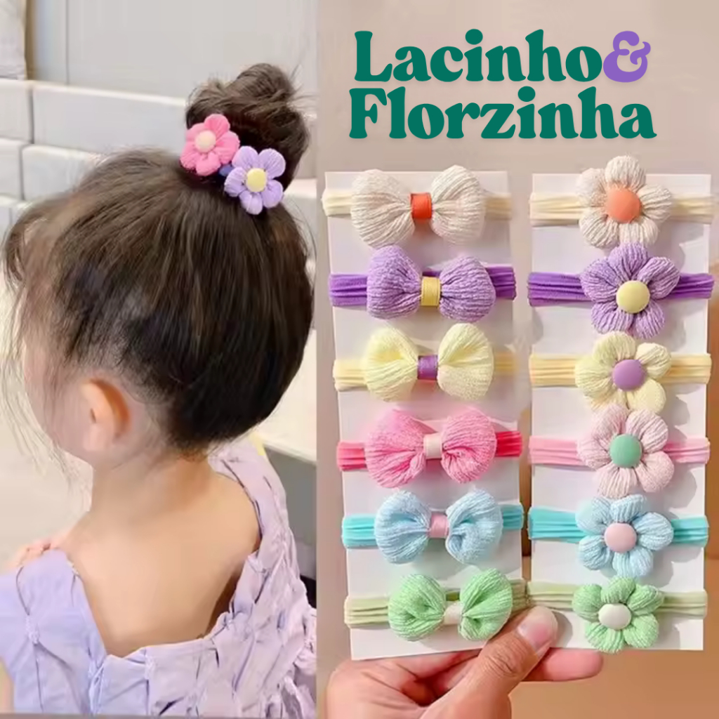 Kit com 6 Laços de Cabelo Infantil – Flor Colorida em Tecido Felpudo com Elástico Macio