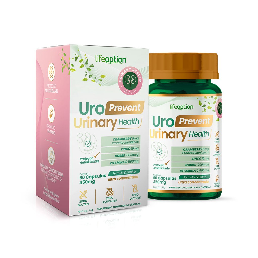 Uro Prevent Urinary Health | Life Option | Extrato de Cranberry, Vitamina C, Zinco Cobre | 60 Cápsulas