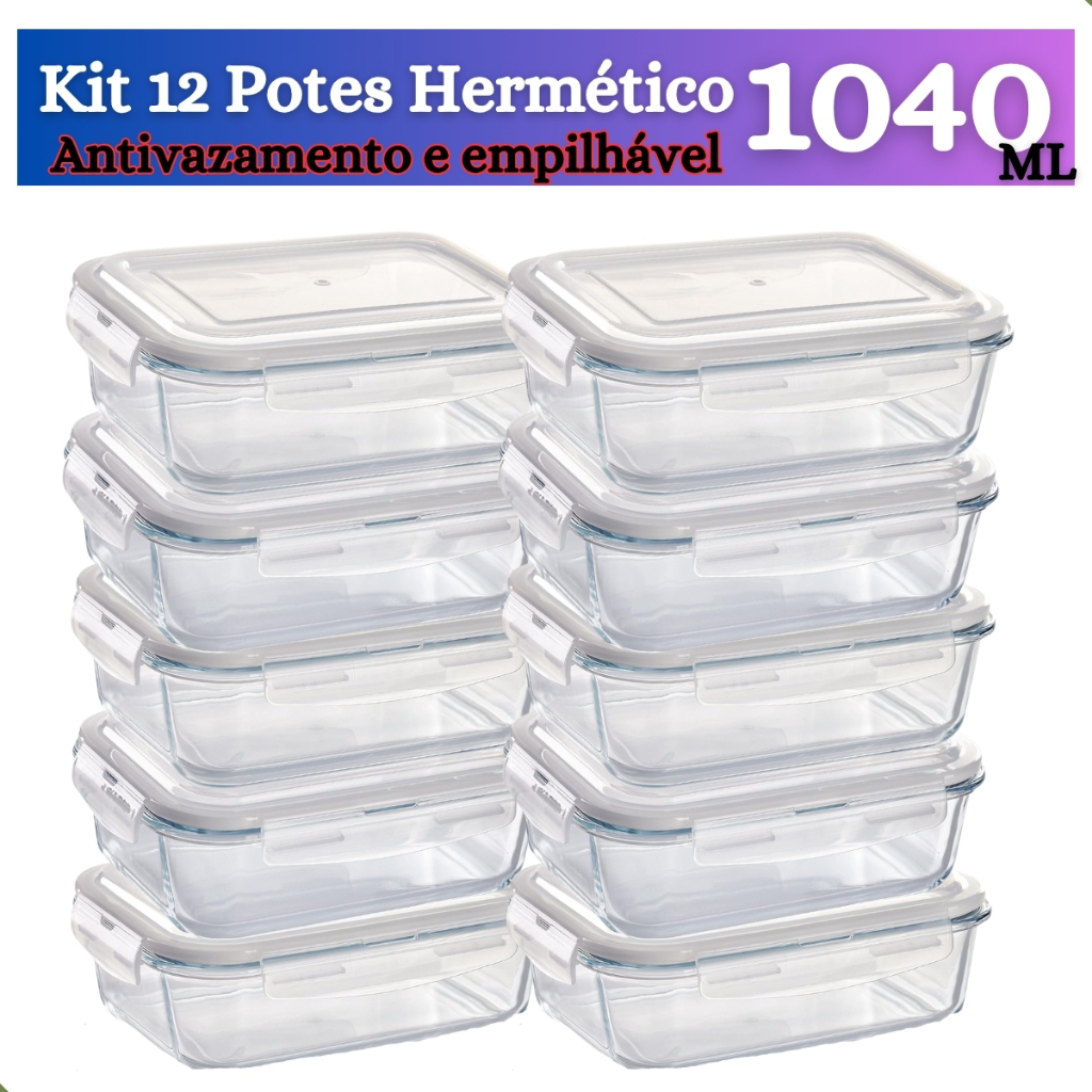 Conjunto até 12 Potes de Vidro Hermético Marmita Tampa 4 Travas para microondas freezer 1040ml