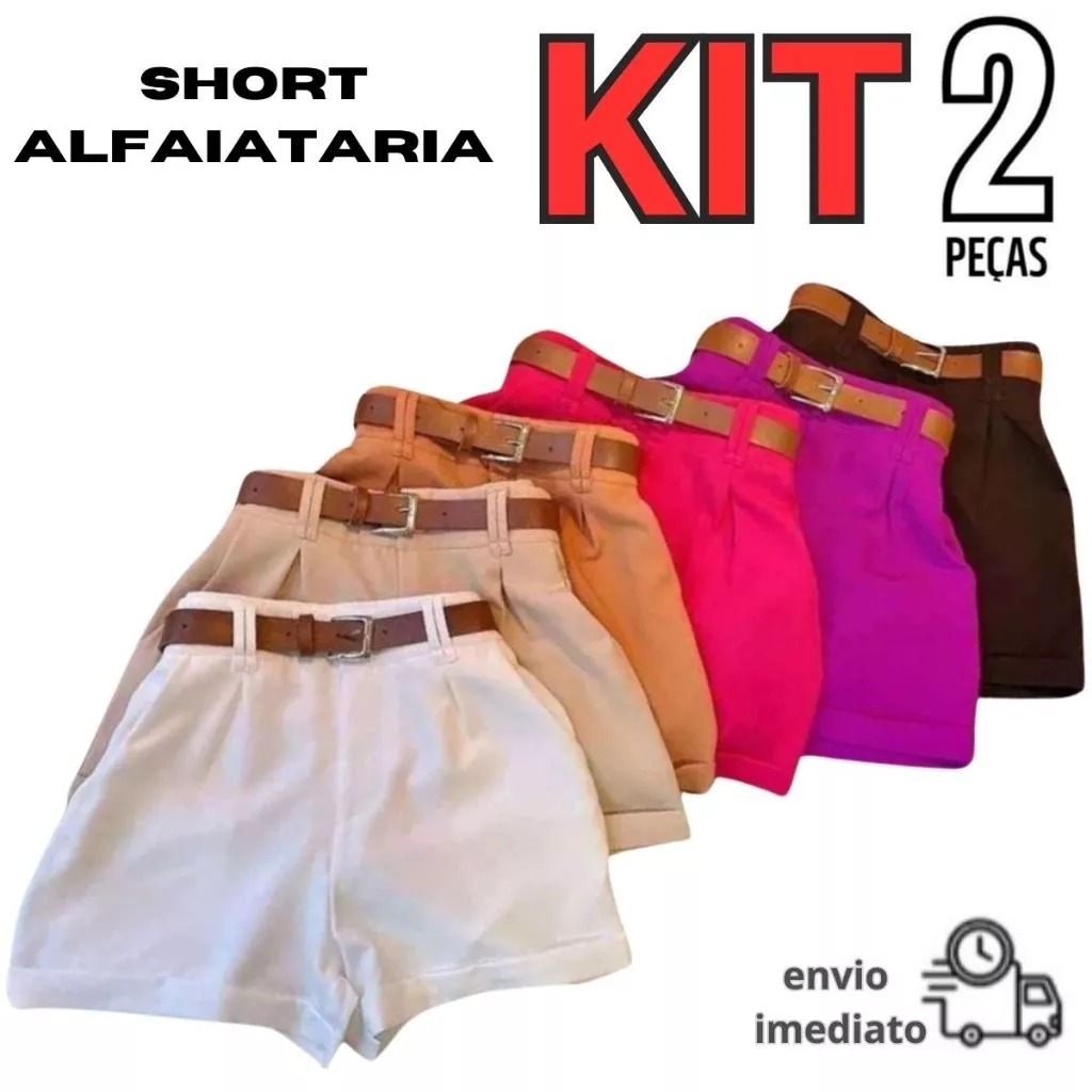 Kit 2 Short Alfaiataria Feminino Com Bolso, Cinto Cintura Alta PROMOÇÃO em Oferta na Shopee