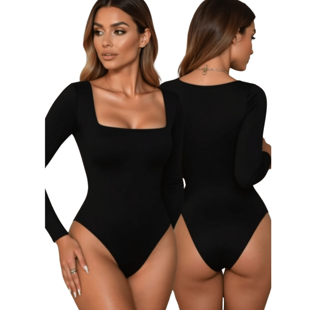 Body Manga Longa Decote Quadrado Feminino Suplex Liso Forrado Frio