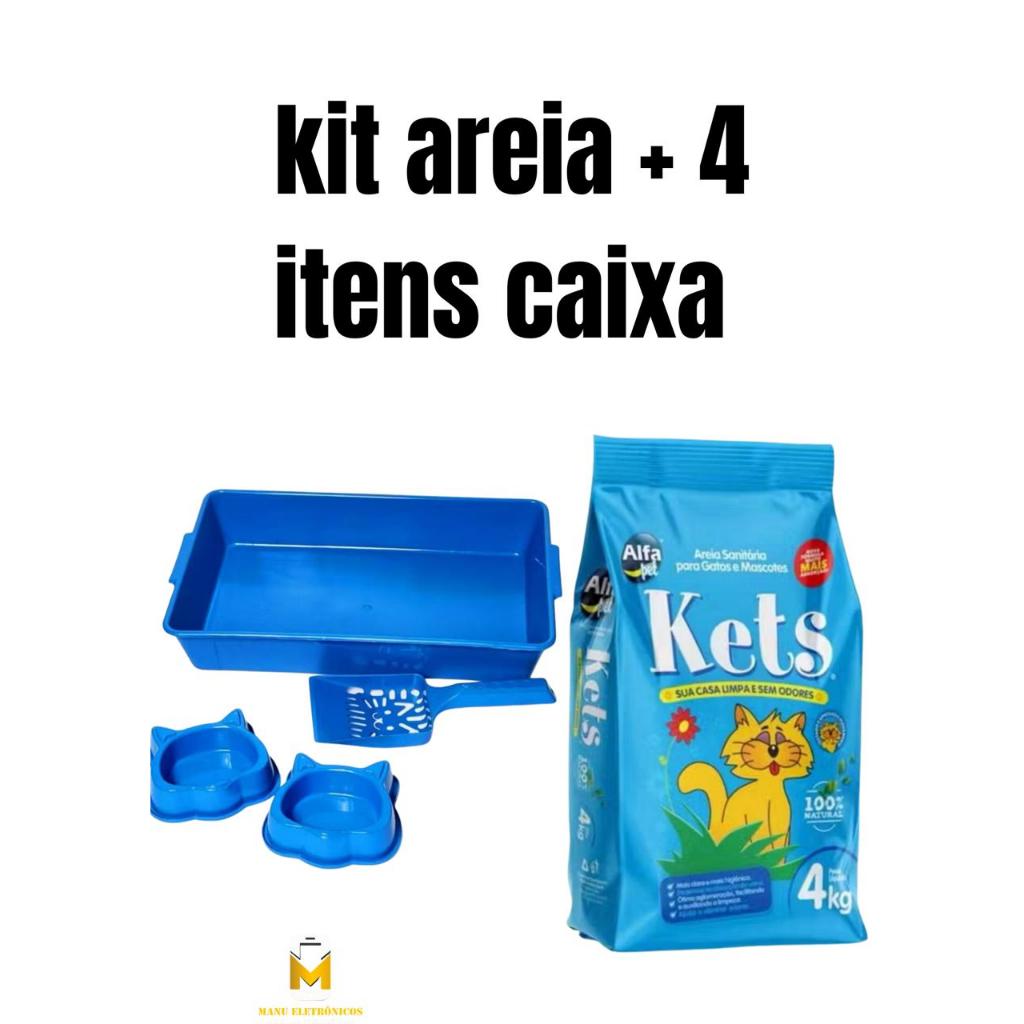Kit Areia Kets 4Kg + Caixa de Areia para gatos + comedouro + bebedouro + pazinha