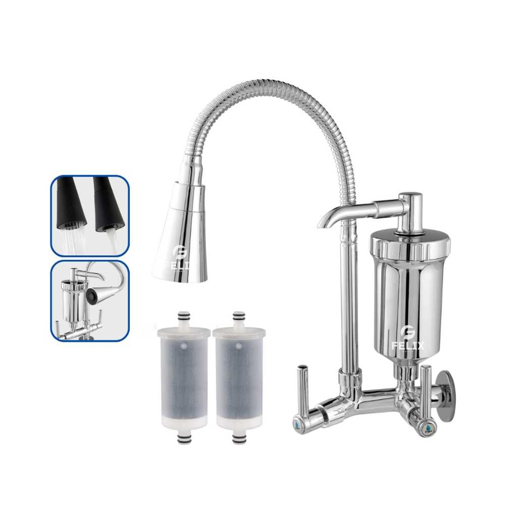 Torneira com Filtro Gourmet Flexível Cozinha Parede c/ Ducha 2 Jatos 1/4 de Volta + Refil