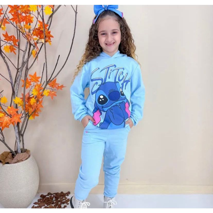 Conjunto Stitch Moletom Flanelado Blusa Com Capuz + Calça Quentinha Inverno 2 á 8 Anos