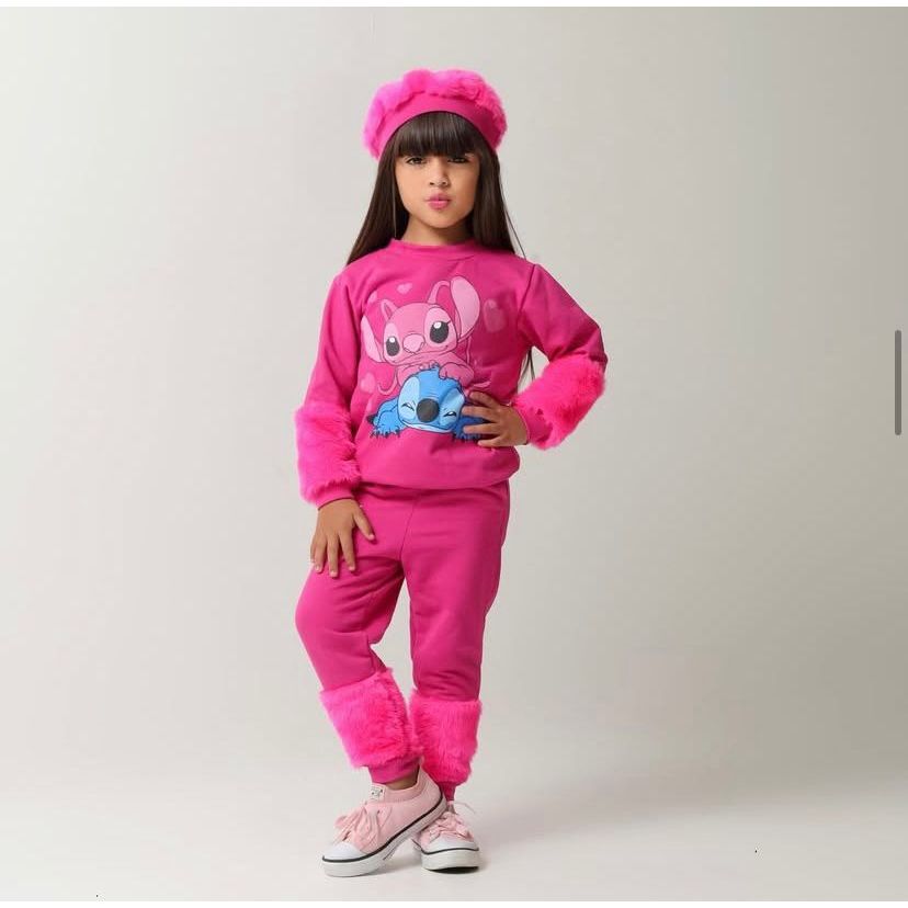 Conjunto Inverno Stitch Blusa Flanelada + Calça + Boina Estilosa Look Blogueira Quentinha