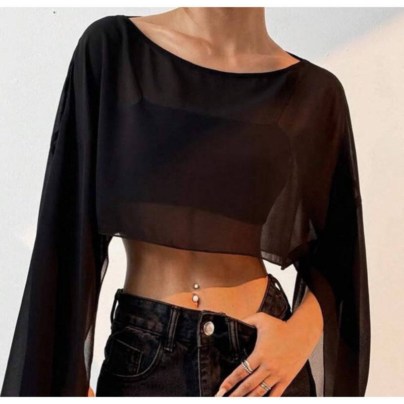 Cropped Capa Manga Flare Tule Transparência ( Opção com Top) Manga Aberta Noite Festa Balada em Oferta na Shopee