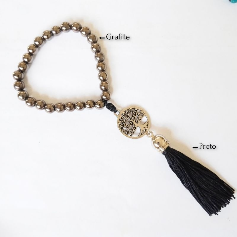 Imagem Japamala De Mão Com 27 Contas Pérola Grafite e Pingente Árvore da Vida Rosário Budista Ref:385