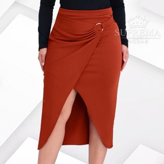 Saia Midi Com Argola, Transpassada, Estilo Envelope, Elegante em Oferta na Shopee