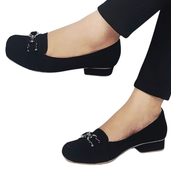 Mocassim Salto Feminina Preto Sapatilha Enfeite ABS Onix Metal 2,5cm Confort Moda Brilho Glitter