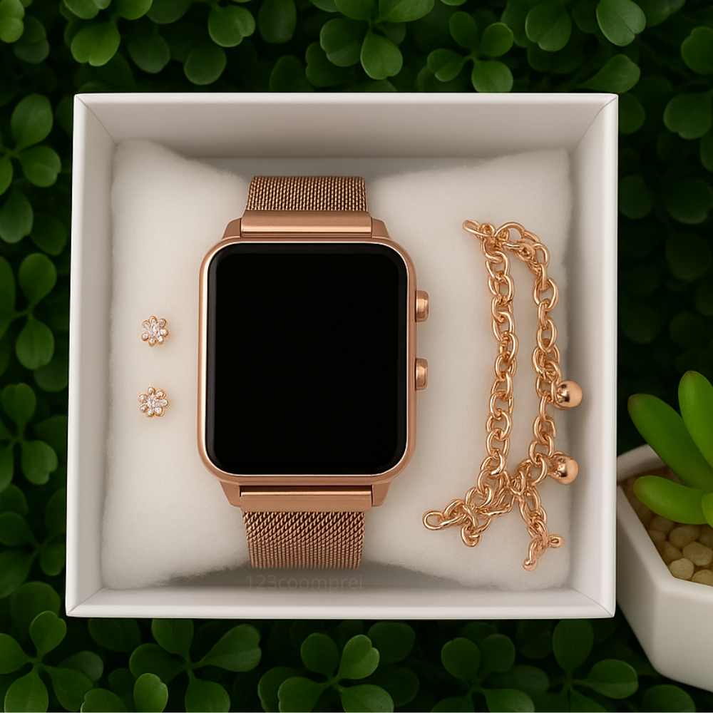 Kit Relógio Feminino Digital Led Com Pulseira e Brinco