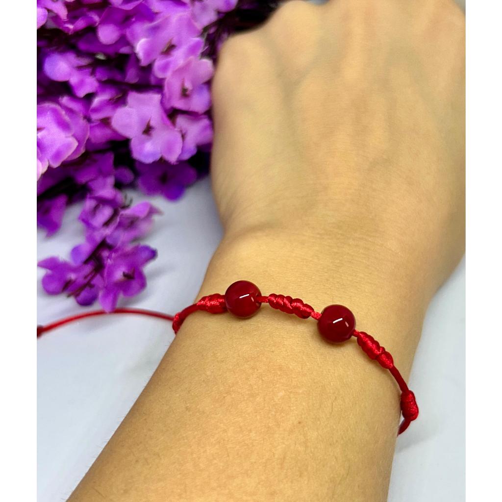 Pulseira Vermelha 7 Nós Kabbalah Ajustável Com Pedra Cristal Natural Jade Rubi De 8mm Proteção