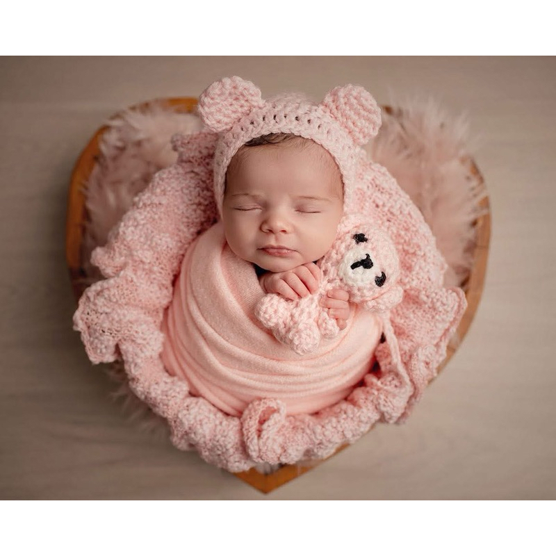 Amigurumi urso e touca rosa - acessório fotografia recém nascido - newborn