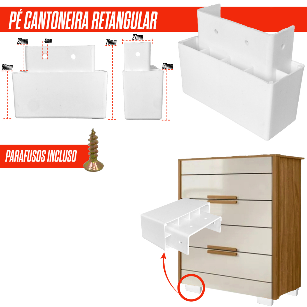 Pé Retangular 100x40x50mm Branco Kit 4/8/10/20 c/ Parafuso Sofá Armário Cama em Oferta na Shopee
