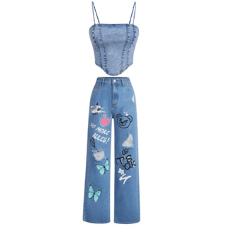 Conjunto Croped Jeans Com Calça wide leg pantalona juvenil Menina em Oferta na Shopee
