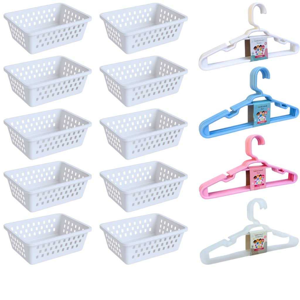 Kit 10 Cesto Organizador e 20 Cabide Infantil Branco Rosa Transparente Azul em Oferta na Shopee