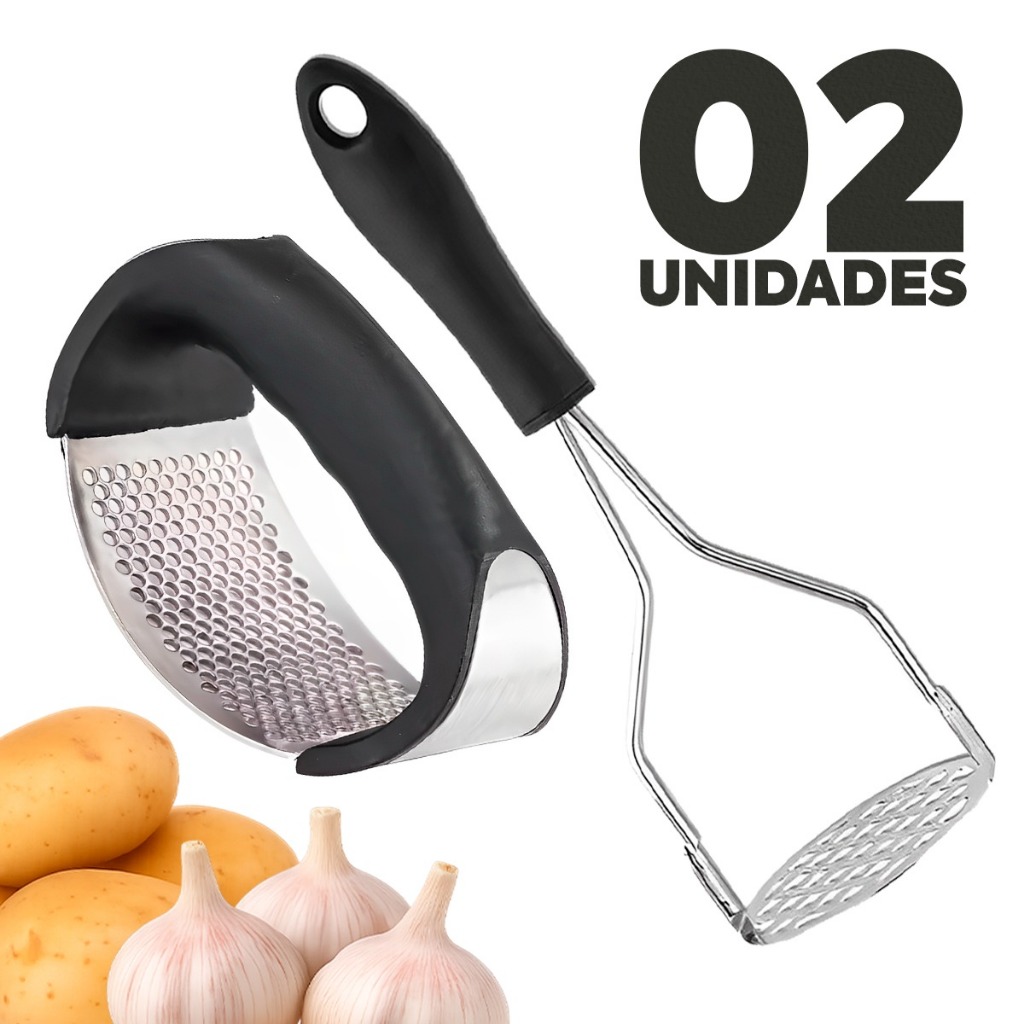 Kit Inox Amassador de Batata e Espremedor de Alho Cozinha