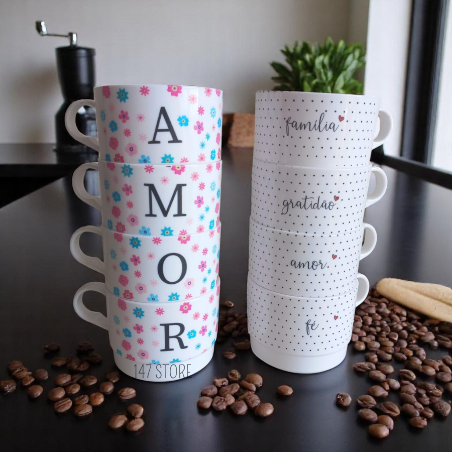 KIT 4 ou 8 Xícaras de Acrílico Empilhável 200 ML Café  e Chá da Tarde