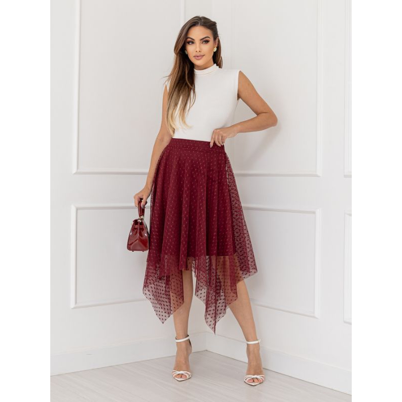 Saia Midi De Ponta Tule Poá Elegância Cód127 em Oferta na Shopee