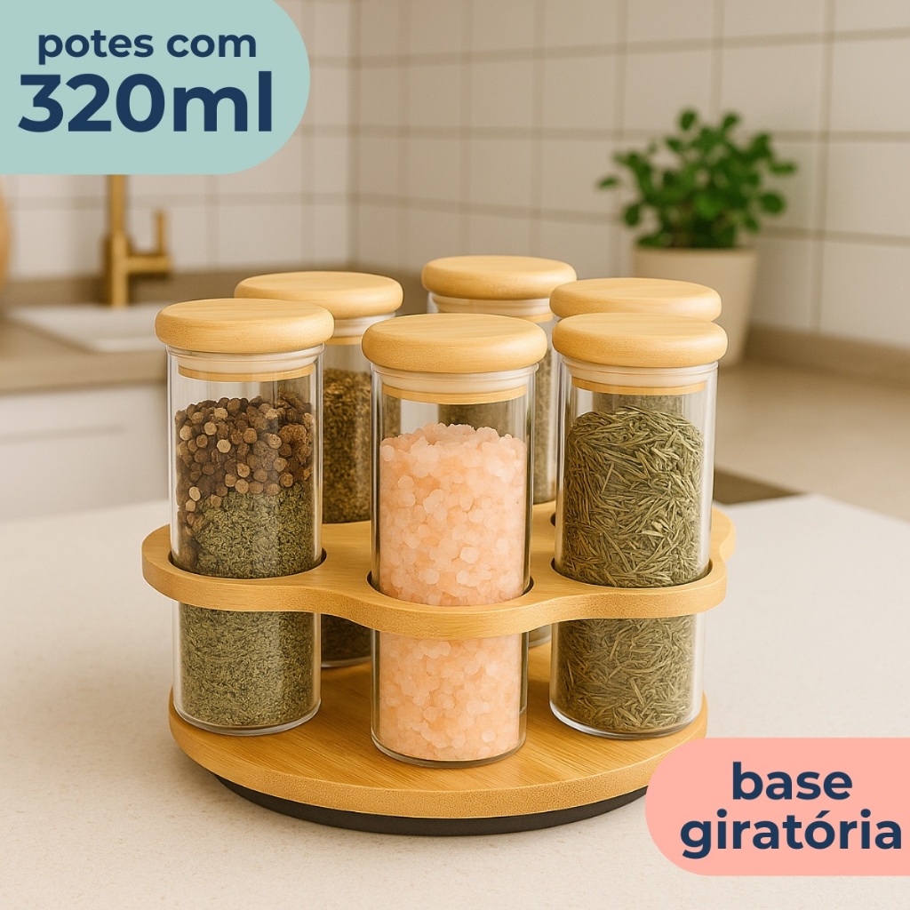Porta Tempero Condimentos Bambu 6 Potes Vidro 320ml Suporte Giratório em Oferta na Shopee